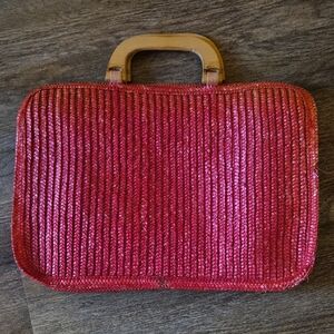 Vintage 60s Lesco Straw Woven Handbag | Red Ombre Boho Tote with Wooden Handles